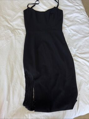 Dress the Population Black Midi Dress with Fringe and Thin Straps